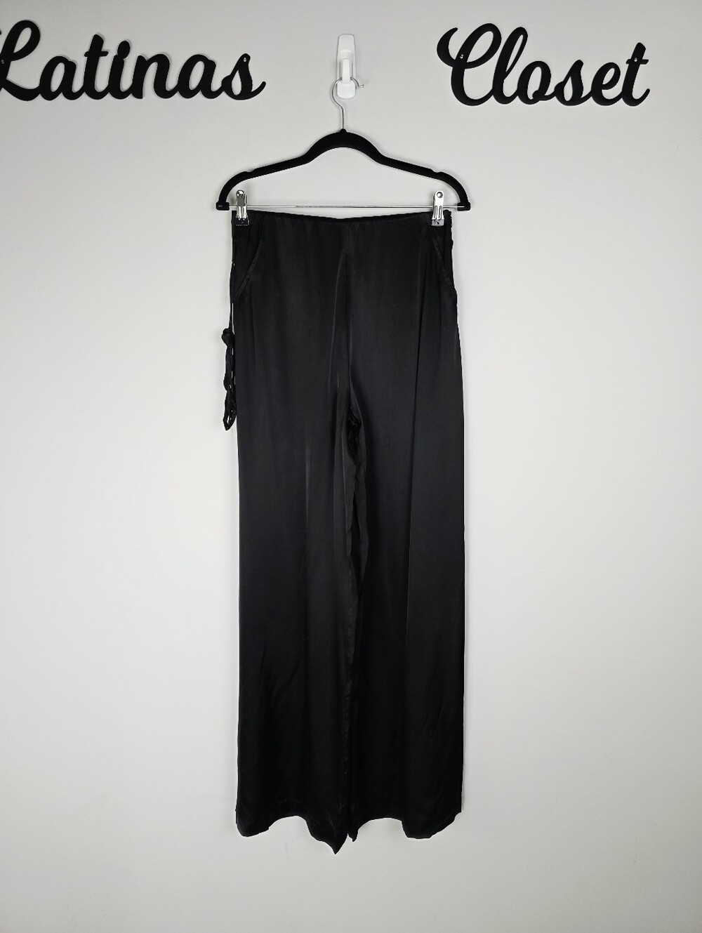 Zara BLOGGER'S FAVE High Rise Black Satin Pants With Waist Drawstring Medium NWT - Picture 4 of 13